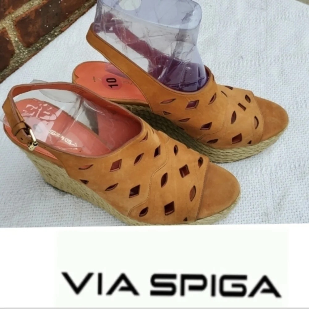 Via Spiga Nubuck Laser Cut Slingback Espadrille Wedge Sandals Tan Size 10 NWT - Picture 3 of 9